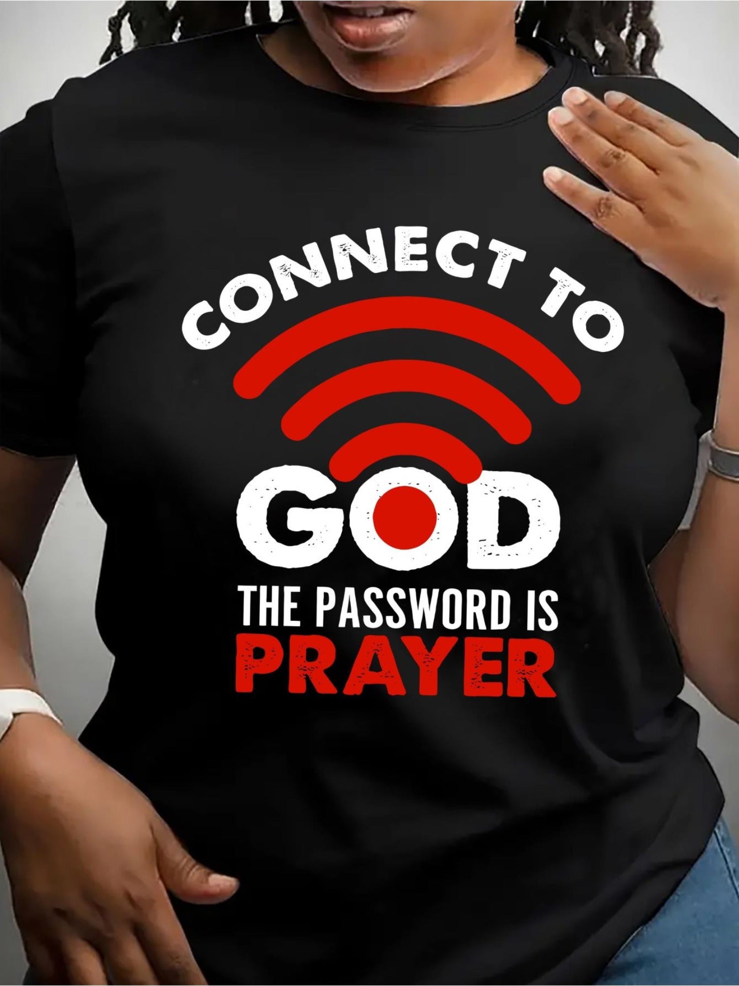 1pc Women'S Casual Round Neck Short Sleeve T-Shirt with "Connect to God - The Password is Prayer" Letter Print, Knit Fabric, Regular Length - All Seasons - Breathable, Soft, and Comfortable Fashion Apparel, Everyday Wear, Cas
